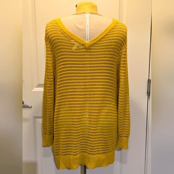 3/$30 EUC Addition Elle 2X Mustard Yellow Open Knit V-Neck and Back Long Sweater - Picture 7 of 9